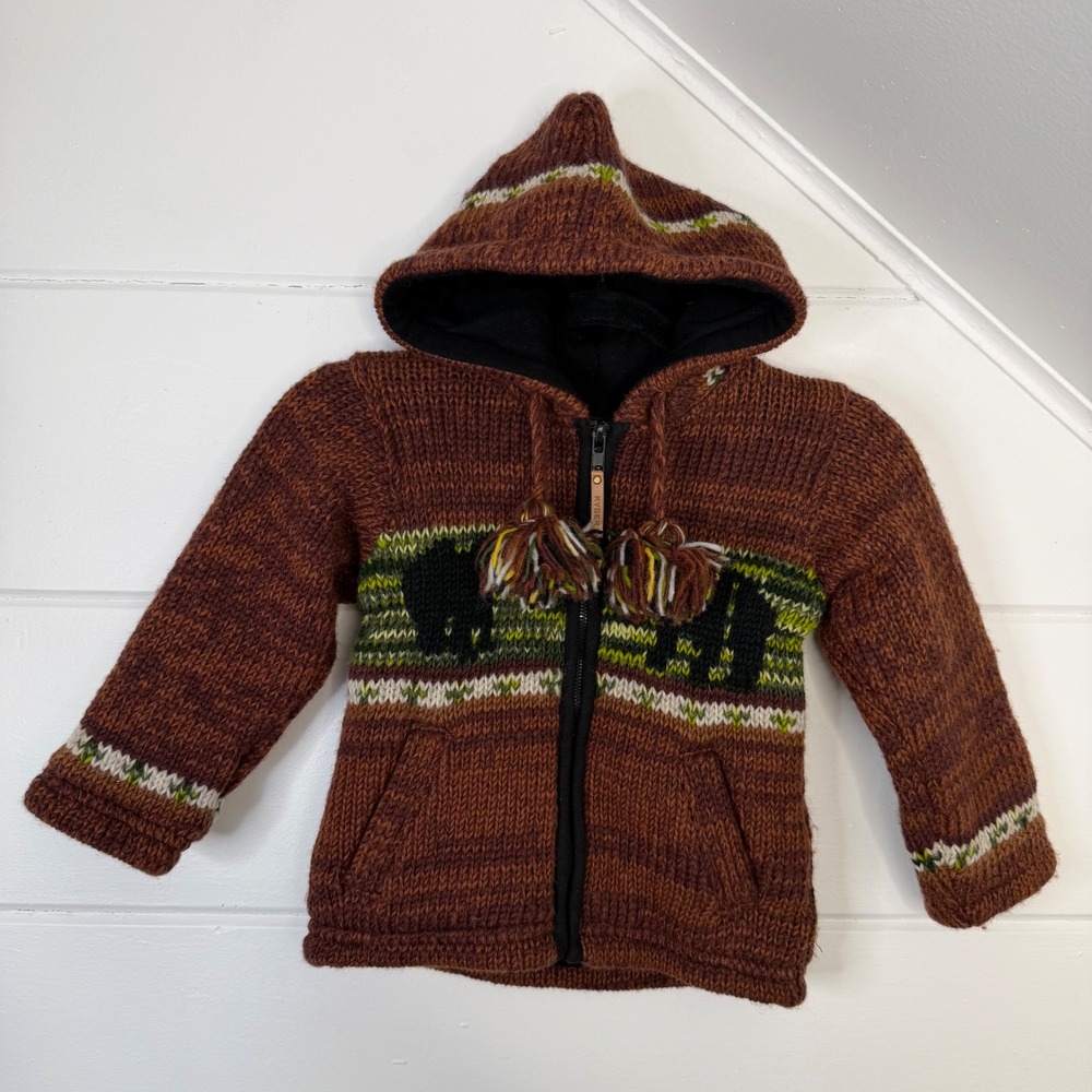 Kyber Outerwear Kids Medium Hooded Sweater Black Bear‎ 100% Wool Fleece Lined